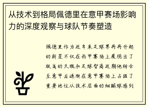 从技术到格局佩德里在意甲赛场影响力的深度观察与球队节奏塑造 从技术到格局佩德里在意甲赛场影响力的深度观察与球队节奏塑造